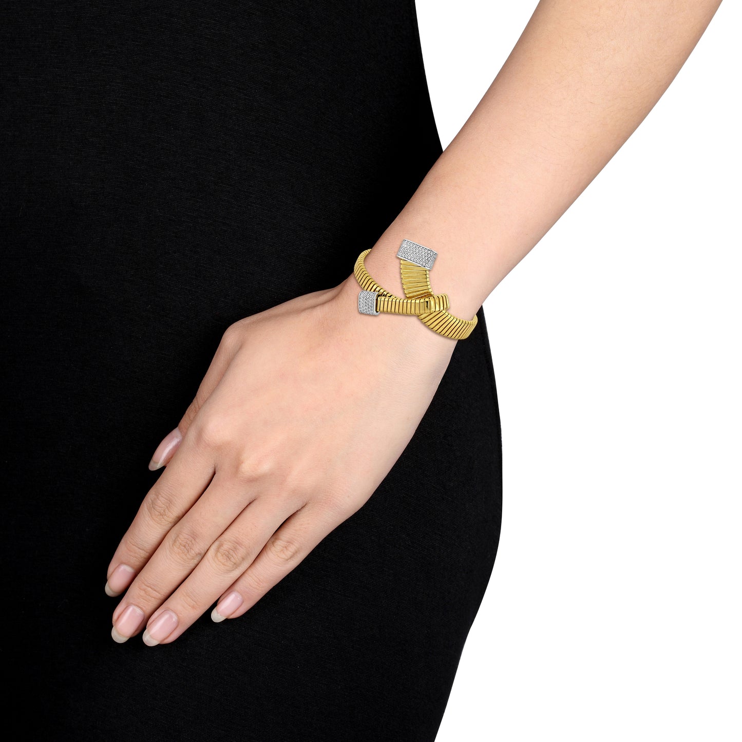 Cubic Zirconia Omega Design Folded Bangle In Two-Tone Sterling Silver