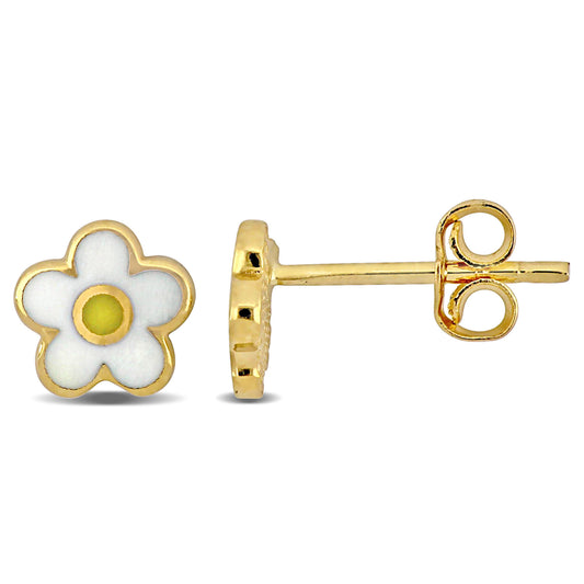 Kid's White Enamel Flower Design Stud Earrings 14K Yellow Gold
