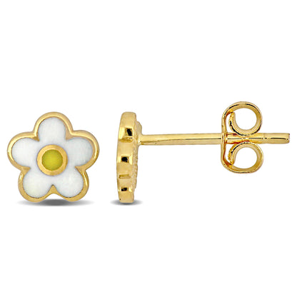 Kid's White Enamel Flower Design Stud Earrings 14K Yellow Gold