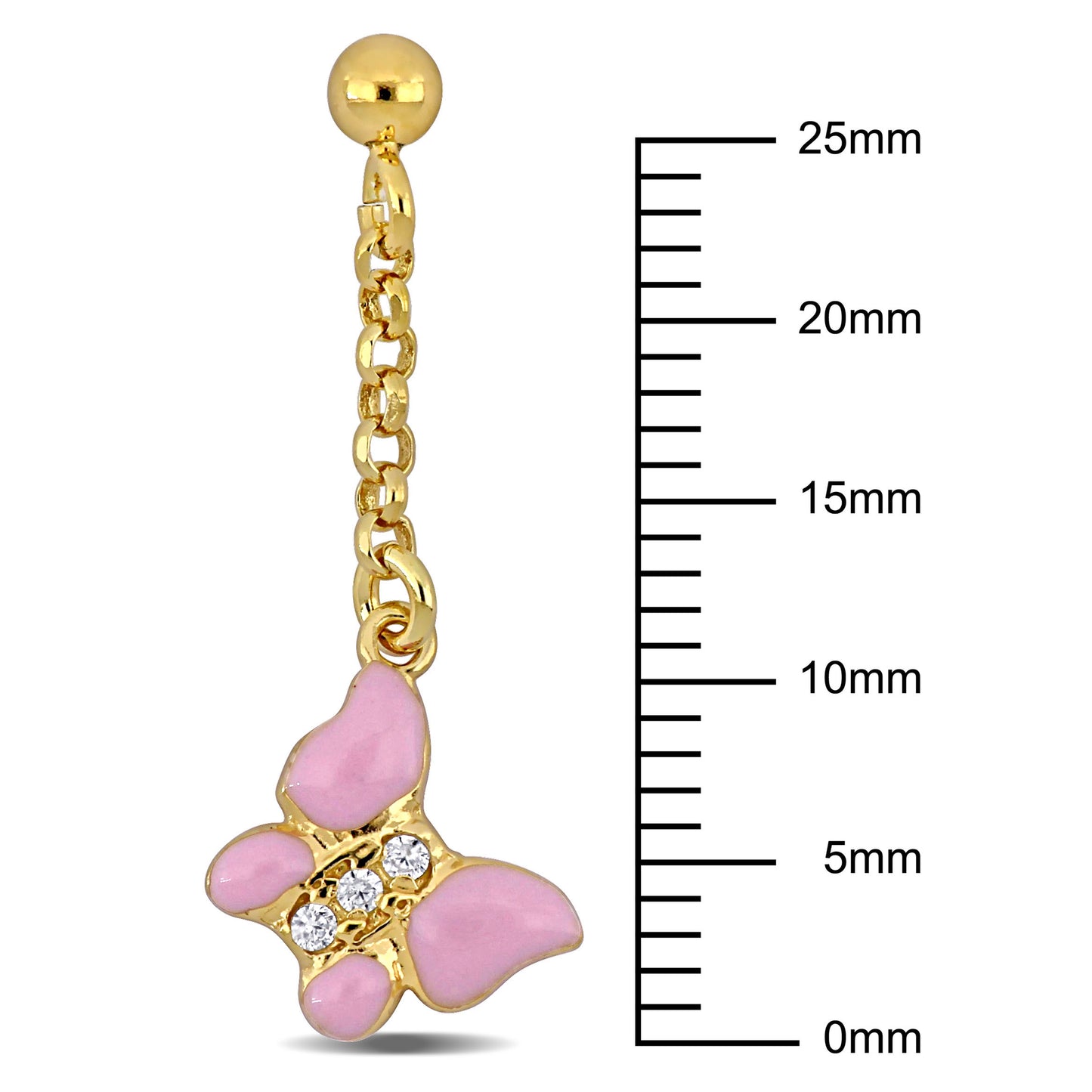 Kids Cubic Zirconia Pink Enamel Butterfly Drop Earrings In Yellow Plated Sterling Silver