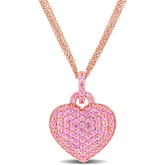 3 1/2 CT TGW Created Pink Sapphire Heart Pendant With Chain Pink Silver