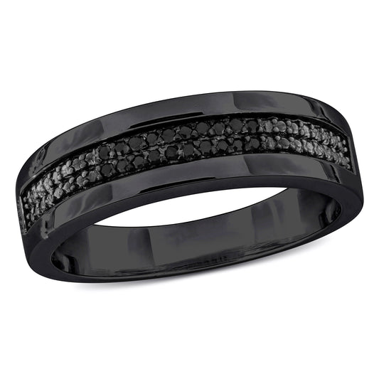 1/10Ct TDW Black Diamond Double Row Men's Ring In Black Rhodium Plated Sterling Silver