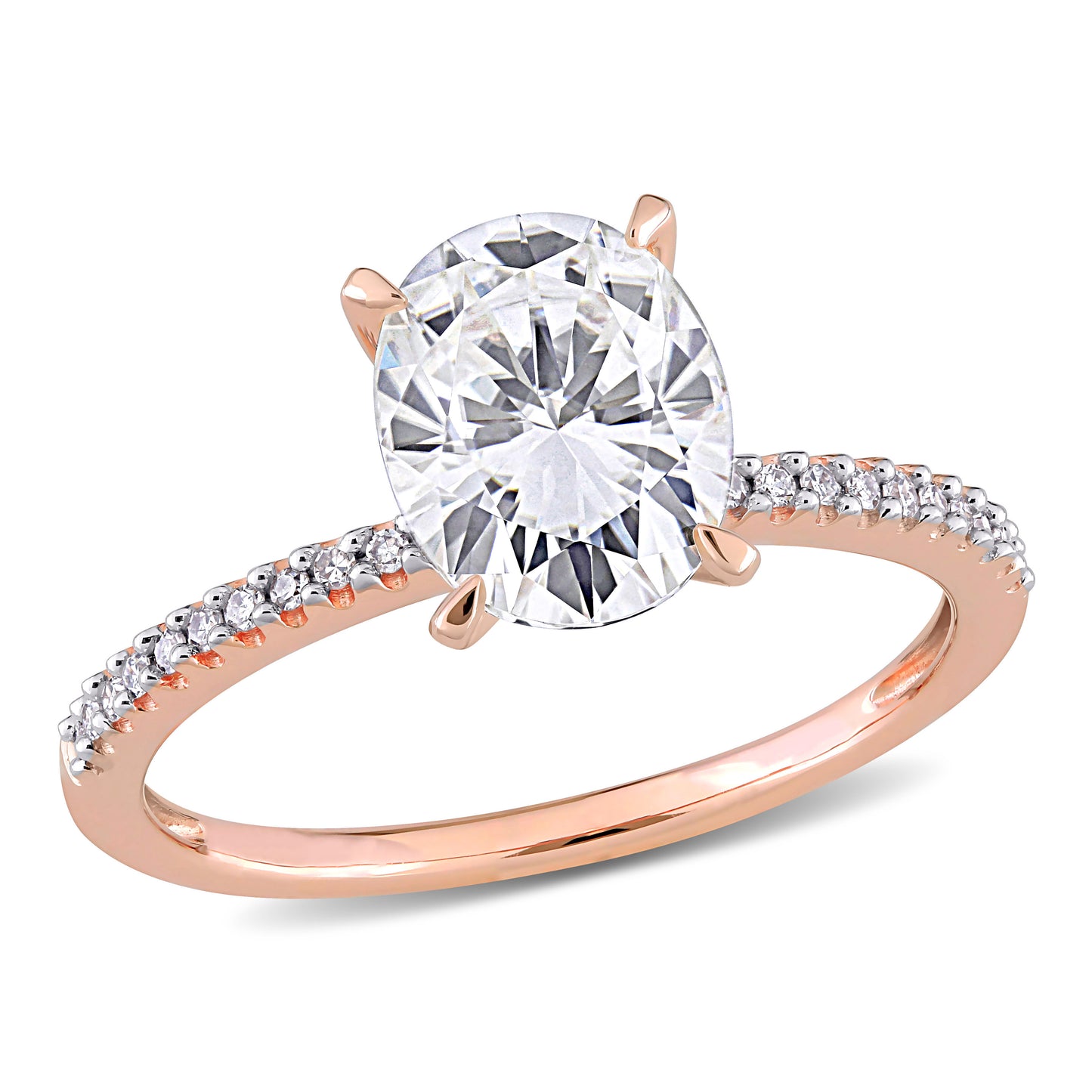 2ct Dew created white moissanite and 1/10ct tw diamond oval solitaire engagement ring in 14k gold