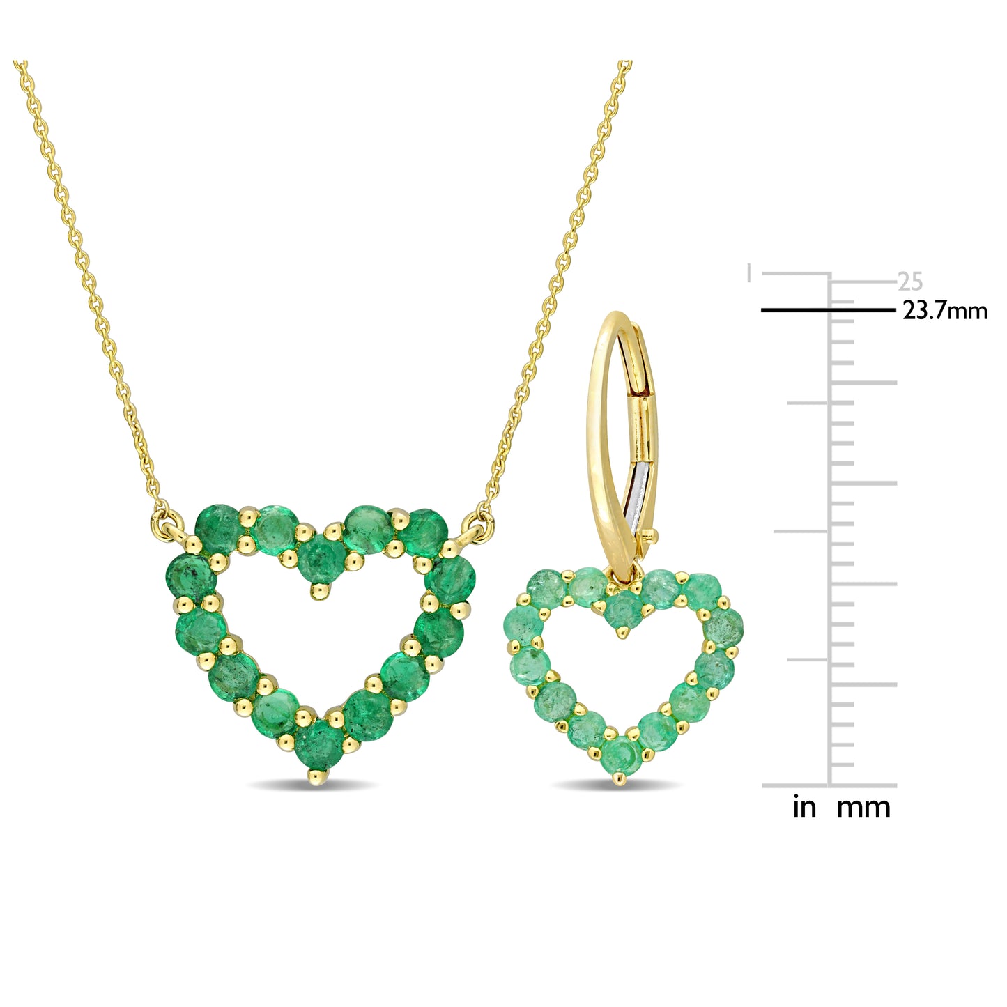 1 1/2 TGW Emerald Open Heart 2 Piece Set Earrings and Necklace 10K Gold
