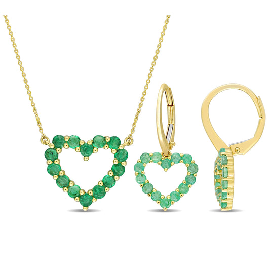 1 1/2 TGW Emerald Open Heart 2 Piece Set Earrings and Necklace 10K Gold