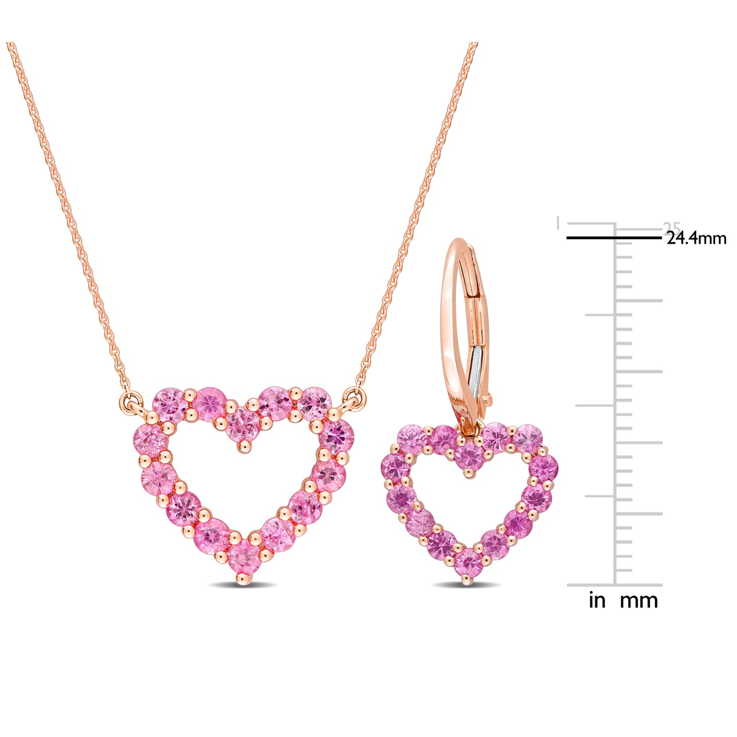 2 3/8 TGW Pink Sapphire Open Heart 2 Piece Set Earrings and Necklace 10K Gold