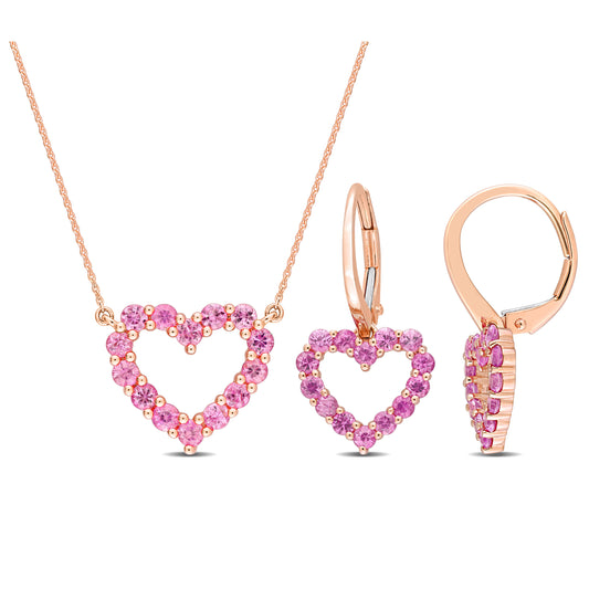 2 3/8 TGW Pink Sapphire Open Heart 2 Piece Set Earrings and Necklace 10K Gold