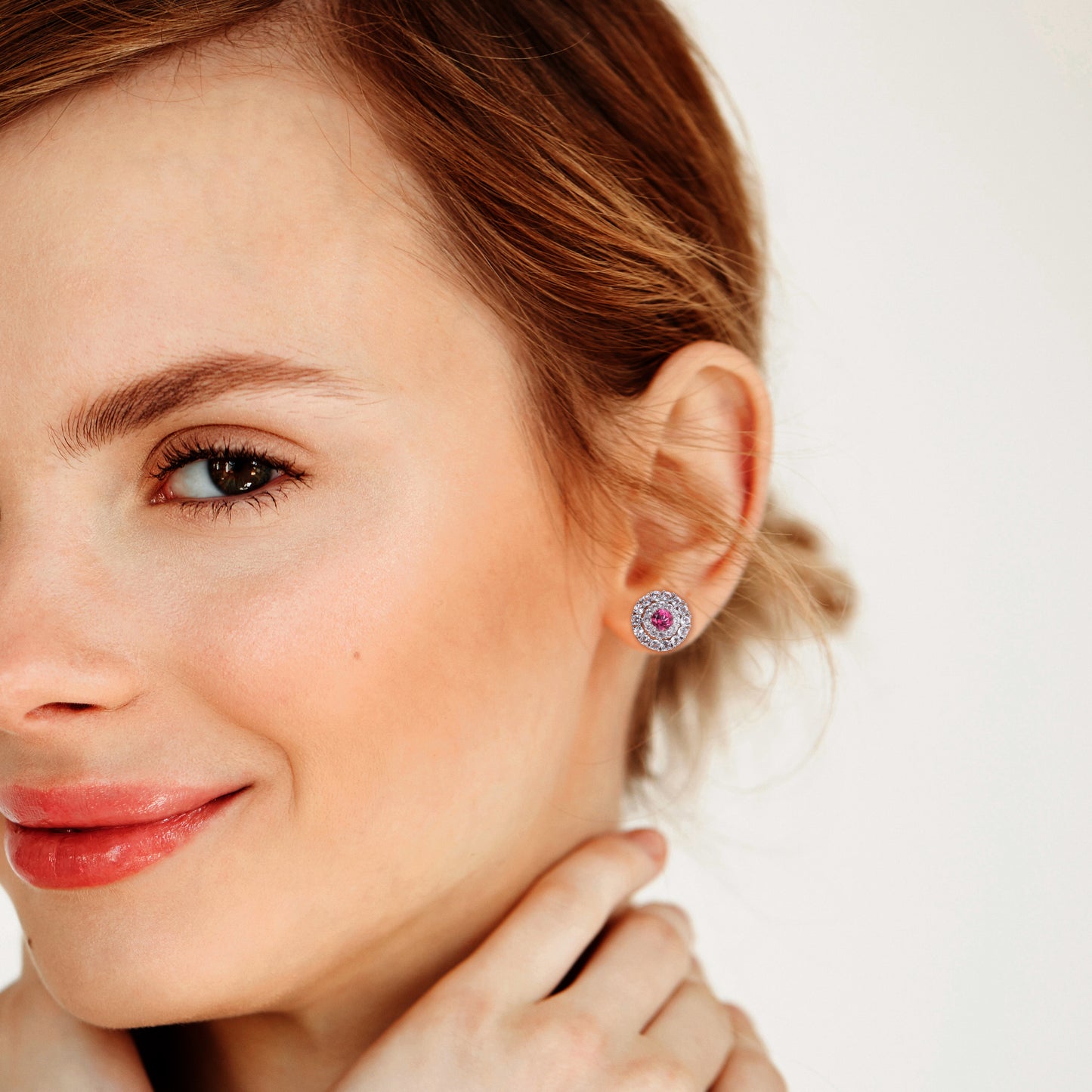 Pink and White Topaz Double Halo Stud Earrings