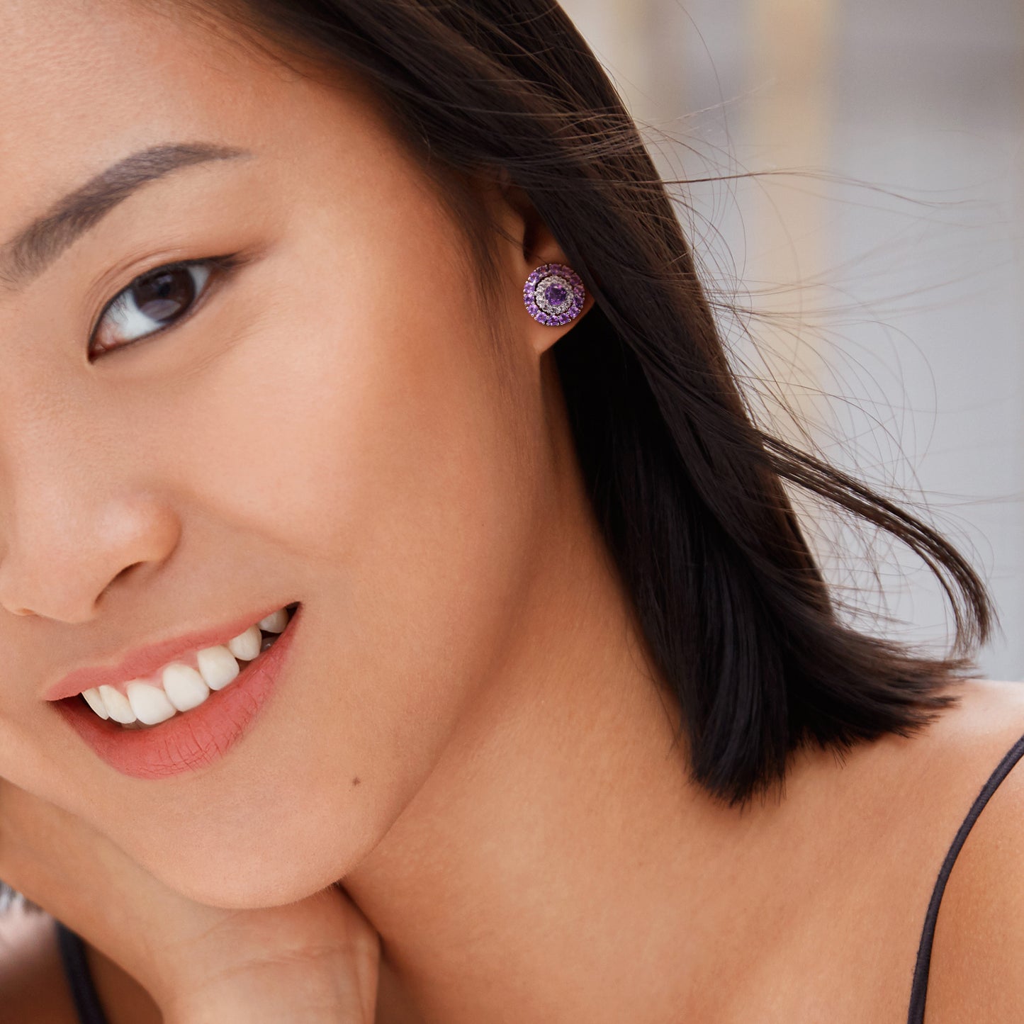 Double Halo Stud Earring With Amethyst-Africa Amethyst and White Topaz