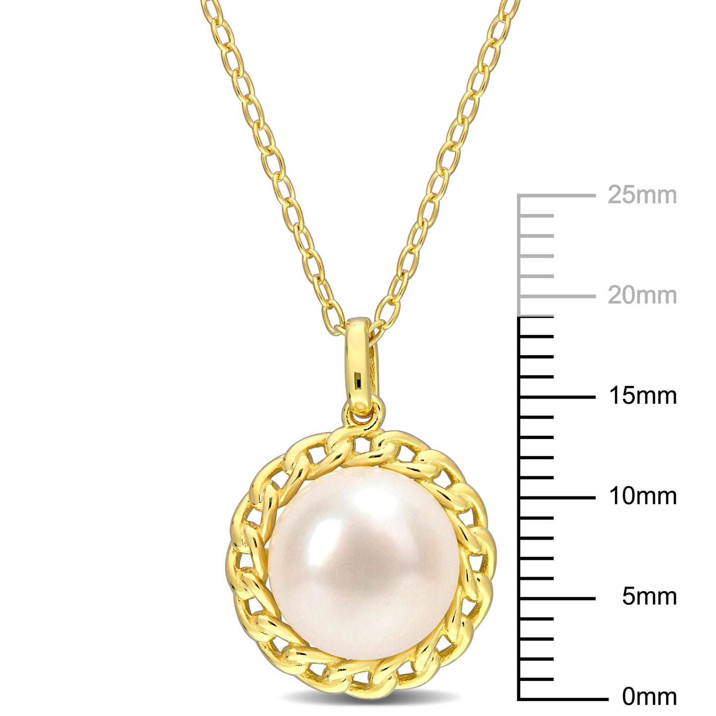 9-9.5mm Cultured Freshwater Pearl Halo Link Pendant With Chain In Yellow Plated Sterling Silver