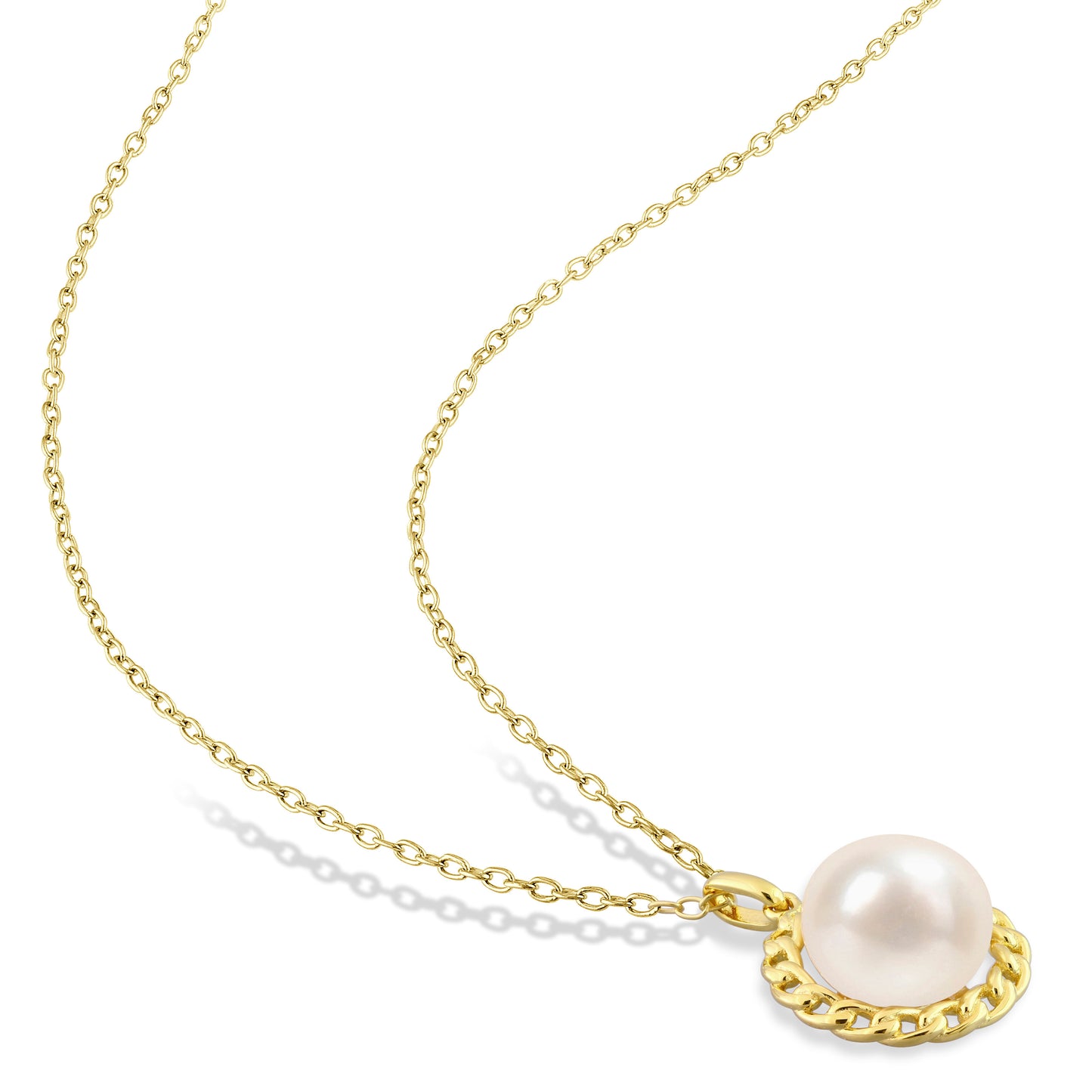 9-9.5mm Cultured Freshwater Pearl Halo Link Pendant With Chain In Yellow Plated Sterling Silver