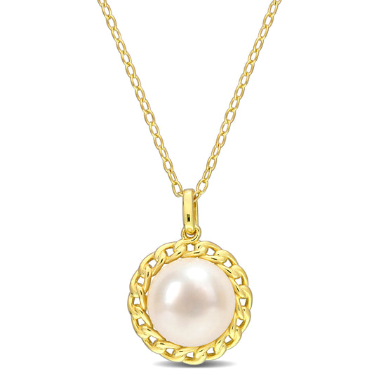 9-9.5mm Cultured Freshwater Pearl Halo Link Pendant With Chain In Yellow Plated Sterling Silver