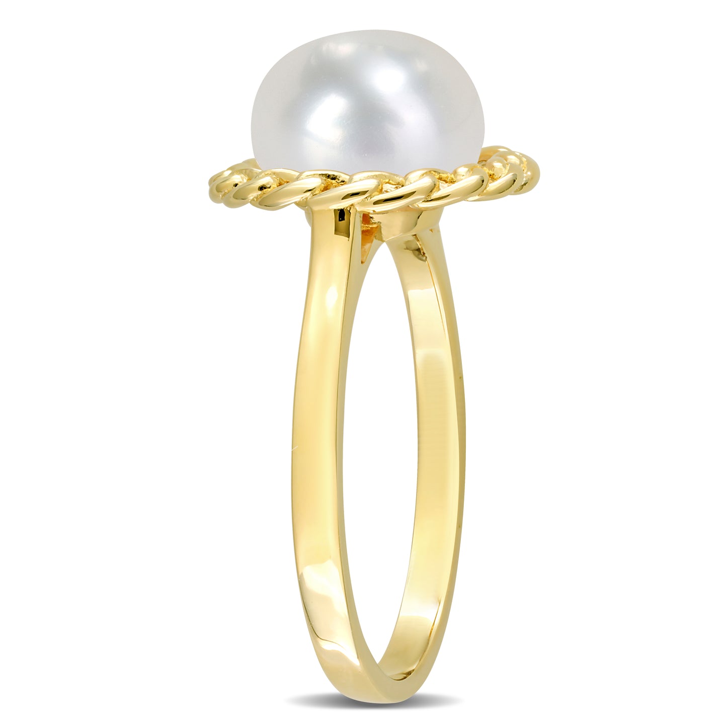 9-9.5Mm Cultured Freshwater Pearl Halo Link Ring In Yellow Plated Sterling Silver