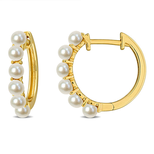 3 - 3.5 MM White Freshwater Cultured Pearl Hoop Earrings 10k Yellow Gold