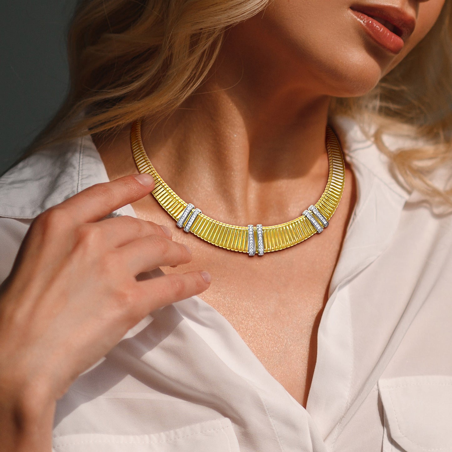 Cubic Zirconia Omega Style Necklace In Two-Tone Sterling Silver