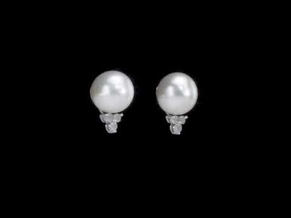 1/8 CT Diamond TW 8 - 8.5 MM White Freshwater Cultured Pearl Fashion Post Earrings Silver I3