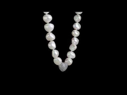 11- 12 mm Freshwater Cultured Pearl Necklace SILVER CZ HEART MAGNETIC Clasp Length (inches): 18