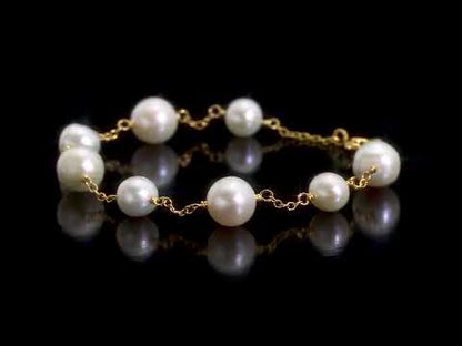 6.5-8.5 MM WHITE FRESHWATER CULTURED PEARL Bracelet SILVER YELLOW W/ SPRING RING CLASP LENGTH (INCHES): 7.25