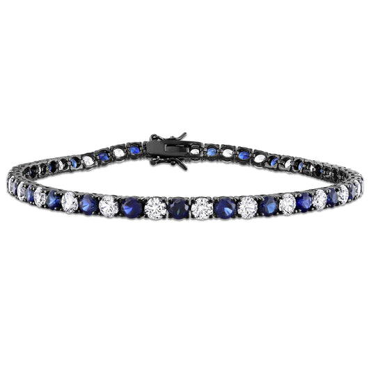 Men's 15 1/2 ct TGW 4mm round created white and blue & white sapphire bracelet w/ box clasp silver white black rhodium plated length (inches): 9.0