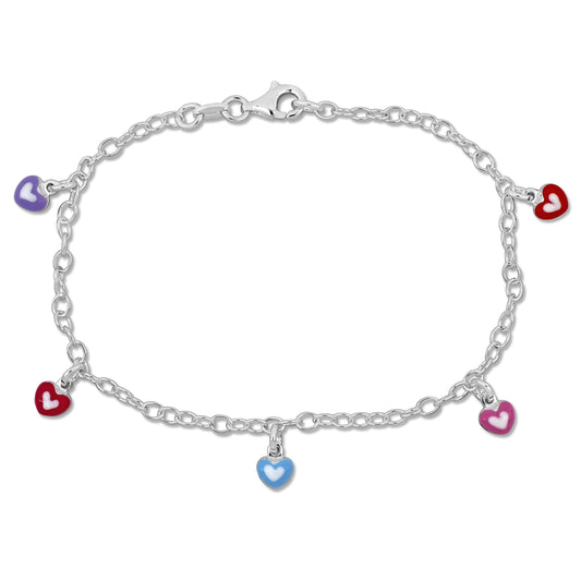 KIDS/TEENS Silver White multicolor enamel hearts charm Bracelet w/ Lobster Clasp Length (inches): 7.5