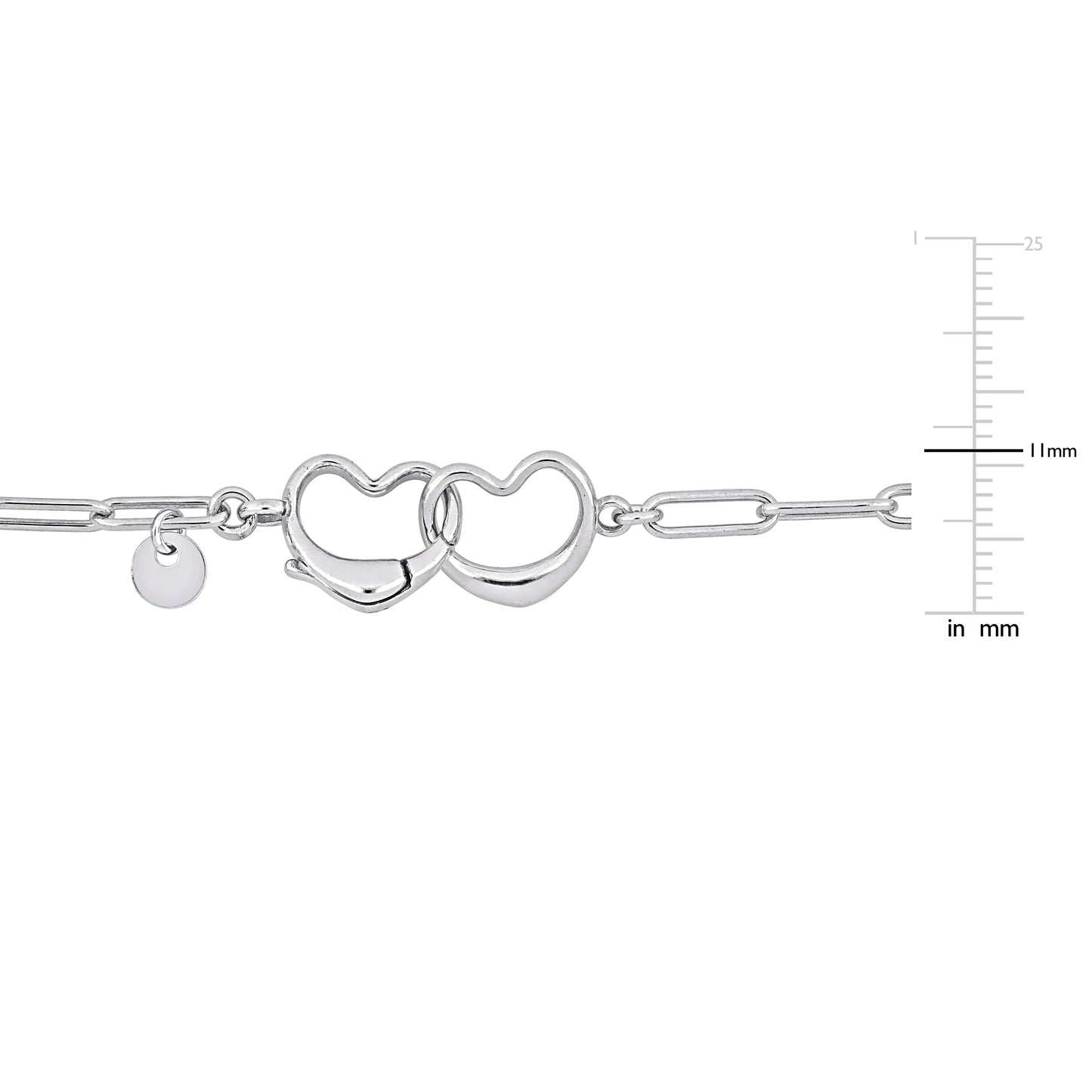 Silver White Paper Clip Link Bracelet w/ Double Heart Clasp 7.50