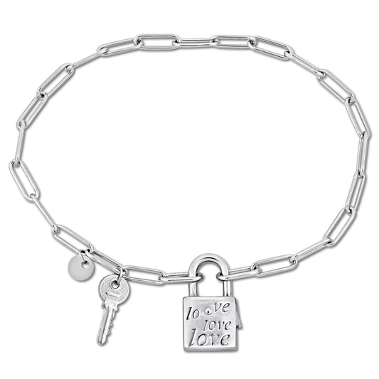 White Paper Clip Link Bracelet with Lock and Key Charm