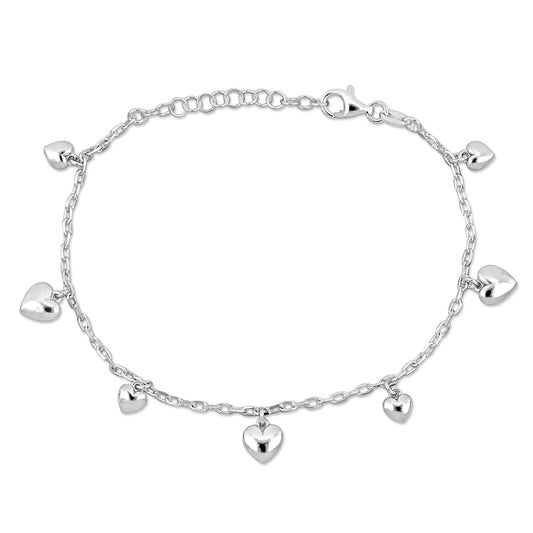 KIDS/TEEN Silver White 7 Heart Charm Bracelet On diamond Cut Cable Chain w/lobster clasp Length (inches): 6.5+1 ext.