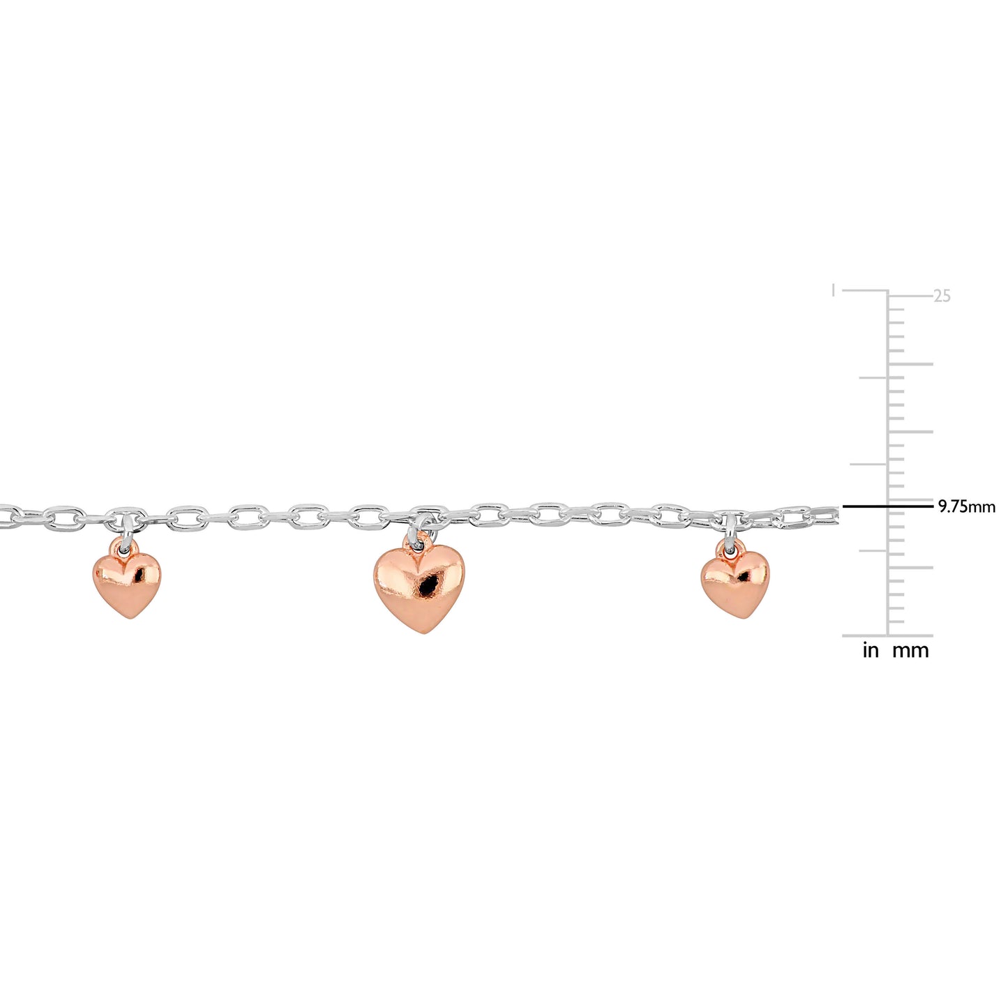 Silver White and Pink Heart Charm Bracelet On 1.85mm Diamond Cut Cable chain w/lobster clasp Length (inches):6.5+1 Ext.