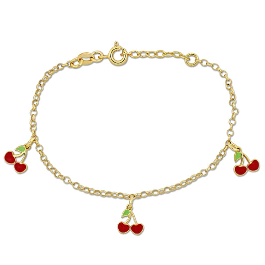 White and red kids enamel cherry charm link bracelet in yellow plated sterling silver - 6.5+1 inch