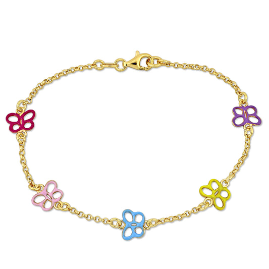 KIDS/TEENS Silver Yellow multi color enamel butterfly charm Bracelet w/lobster clasp Length (inches): 7.5