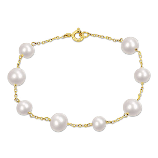 6.5-8.5 MM WHITE FRESHWATER CULTURED PEARL Bracelet SILVER YELLOW W/ SPRING RING CLASP LENGTH (INCHES): 7.25