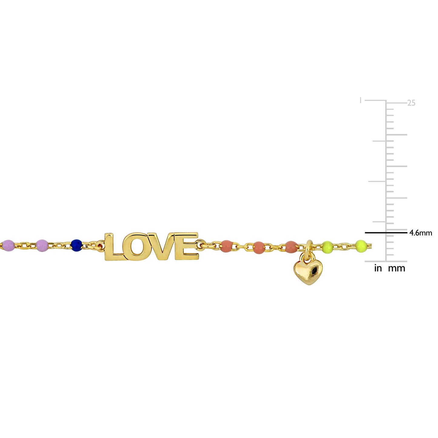 KIDS/TEENS Silver Yellow Love and Heart Charm Bracelet w/ multi-color enamel & spring ring clasp Length (inches): 6.5+1ext.