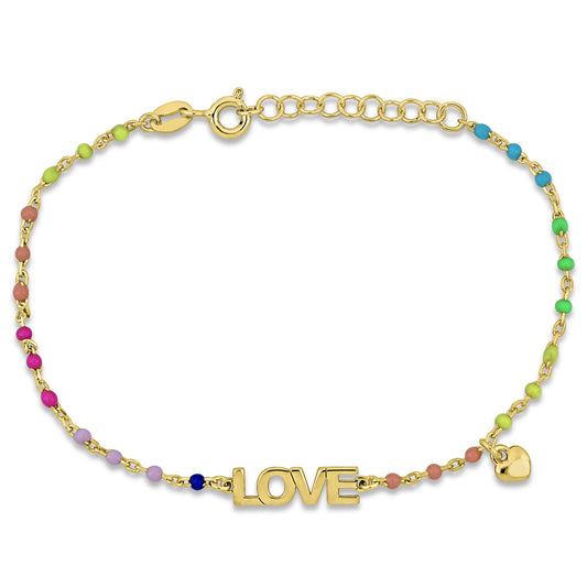 KIDS/TEENS Silver Yellow Love and Heart Charm Bracelet w/ multi-color enamel & spring ring clasp Length (inches): 6.5+1ext.