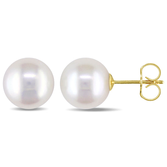 9 - 9.5 MM White Freshwater Cultured Pearl Stud Earrings 14k Gold Yellow