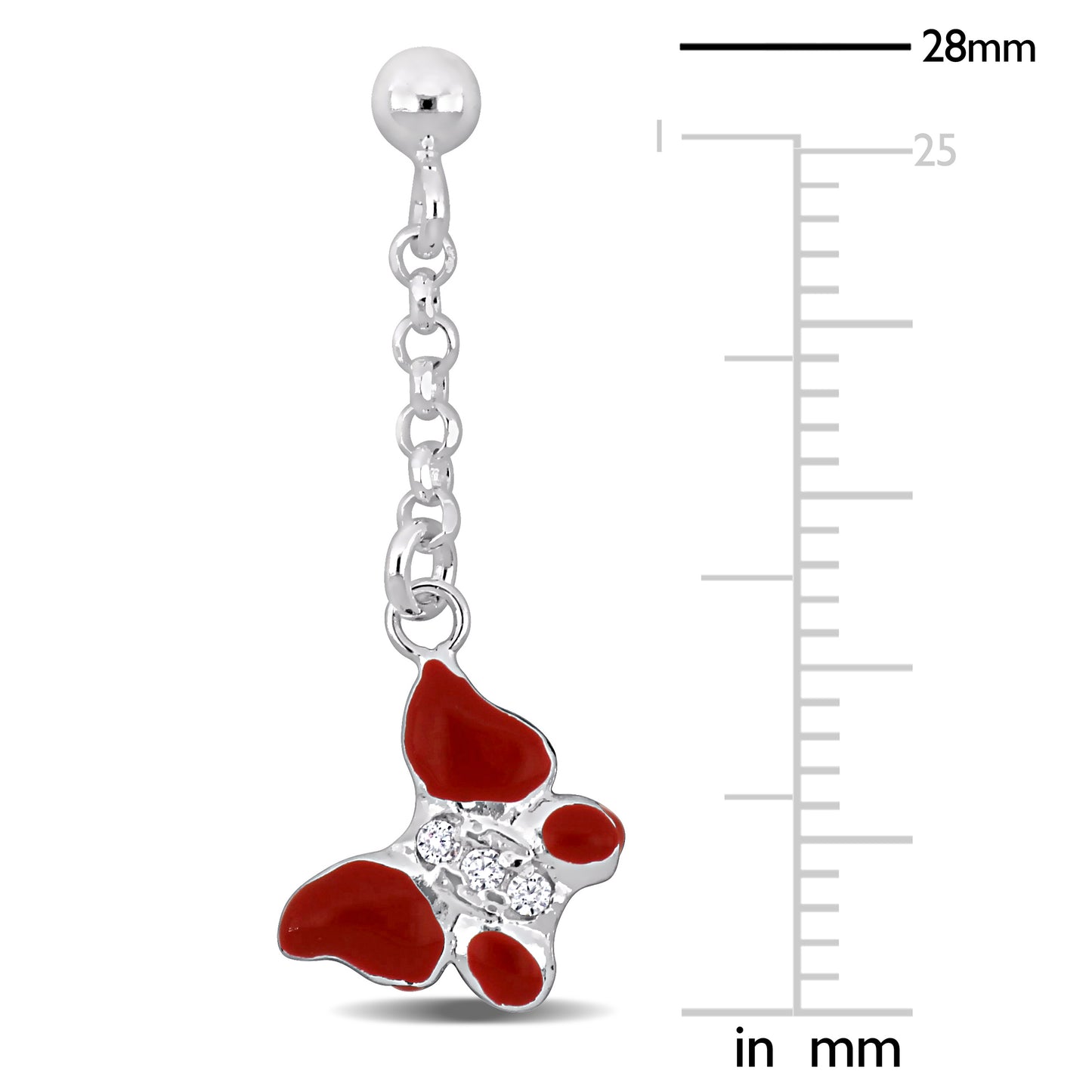 Silver White Red Butterfly Enamel Drop Earrings w/ Cubic Zirconia