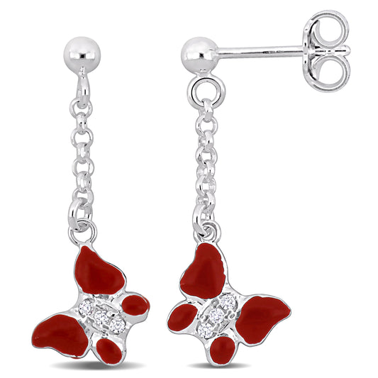 Silver White Red Butterfly Enamel Drop Earrings w/ Cubic Zirconia