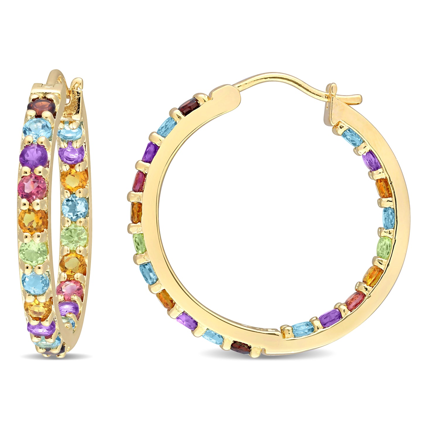 2 3/4 ct TGW Garnet blue topaz - swiss pink tourmaline honey citrine amethyst-brazil blue topaz - london peridot hoop earrings yellow silver