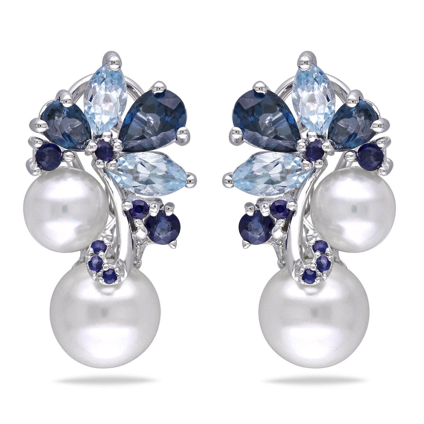 2 7/8 CT TGW Blue Topaz - London Blue Topaz - Sky Sapphire And White Freshwater Cultured Pearl Fashion Post Earrings Silver
