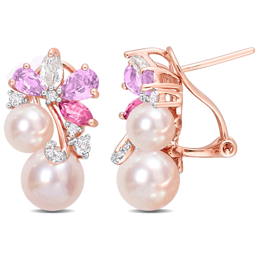 2 1/2 CT TGW Rose de France Pink Topaz White Topaz And Pink Freshwater Cultured Pearl Fashion Post Earrings Pink Silver 18KP Micron Plated