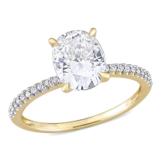 2ct Dew created white moissanite and 1/10ct tw diamond oval solitaire engagement ring in 14k gold