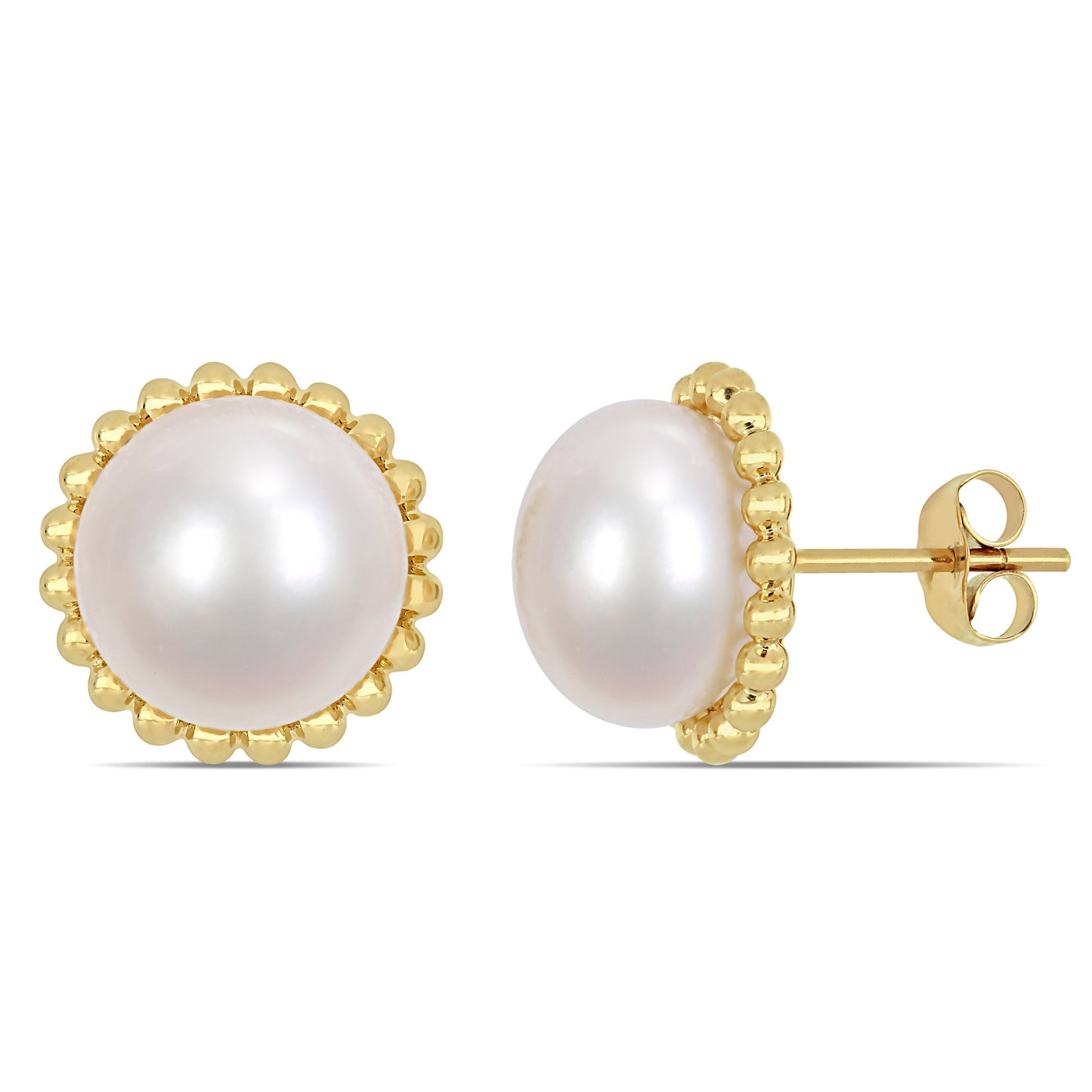 10.5 - 11 MM White Freshwater Cultured Pearl Fashion Post Earrings 10k Yellow Gold