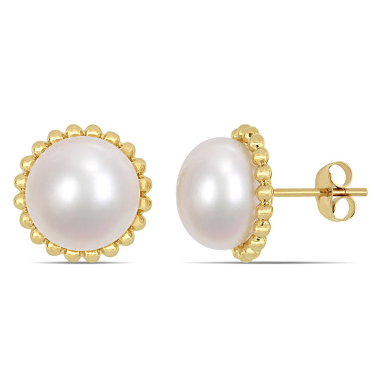 10.5 - 11 MM White Freshwater Cultured Pearl Fashion Post Earrings 10k Yellow Gold