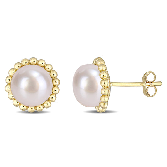 8 - 8.5 MM White Freshwater Cultured Pearl Fashion Post Earrings 10k Yellow Gold