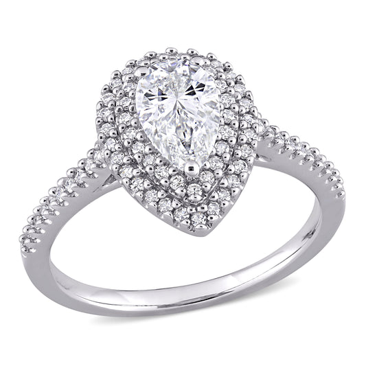 1ct Dew created moissanite and 1/3ct tw diamond teardrop halo engagement ring in 14k white gold