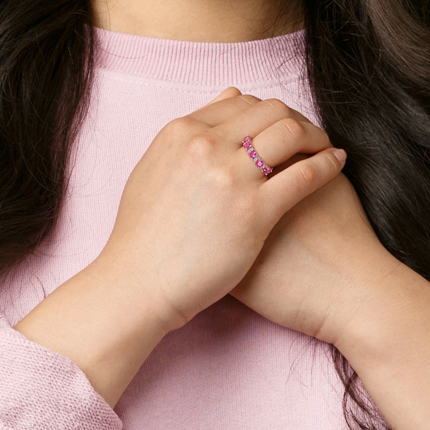 1 5/8 ct TGW Created ruby created white sapphire fashion ring pink silver pink plated