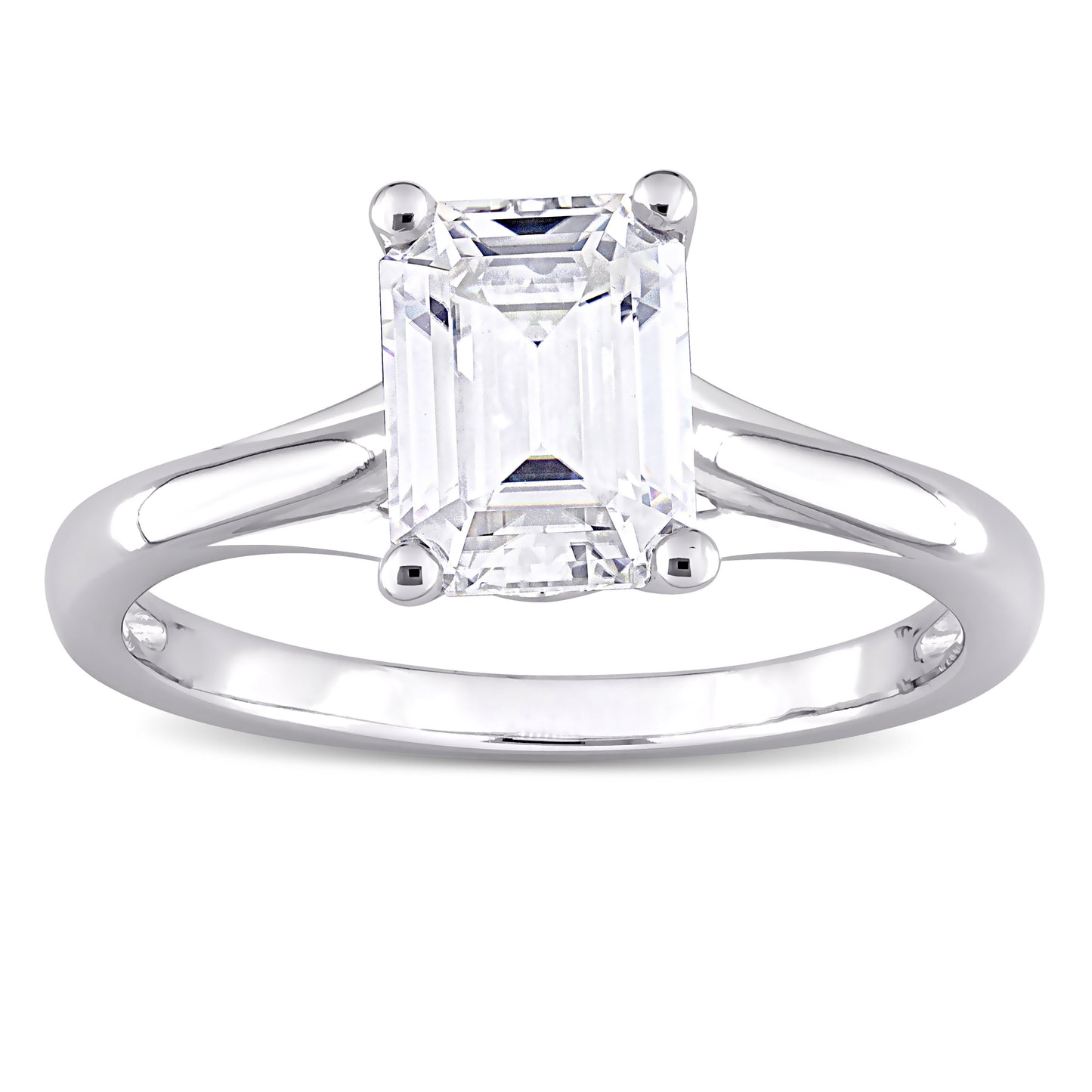 1 3/4ct Dew emerald cut created moissanite solitaire ring in 10k white gold
