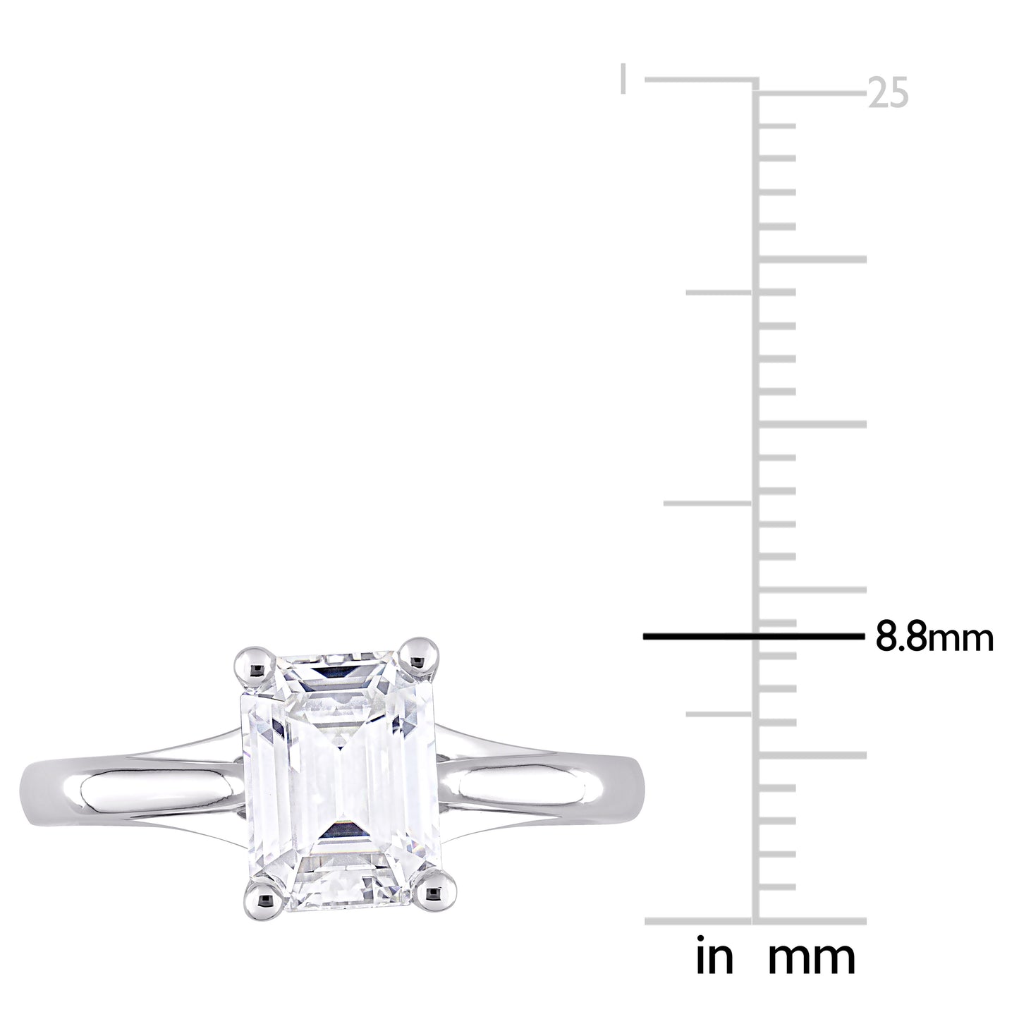 1 3/4ct Dew emerald cut created moissanite solitaire ring in 10k white gold
