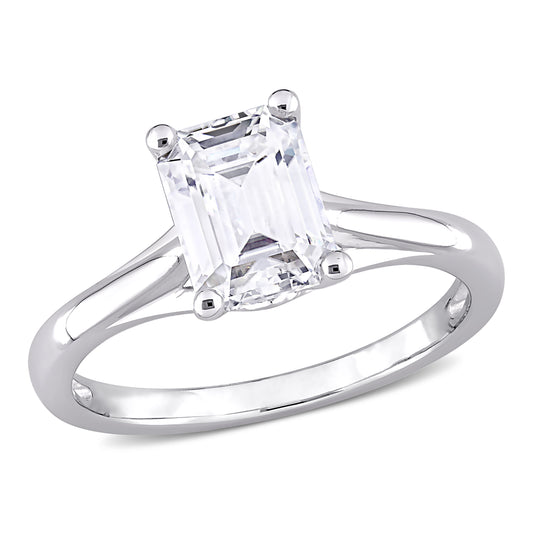 1 3/4ct Dew emerald cut created moissanite solitaire ring in 10k white gold