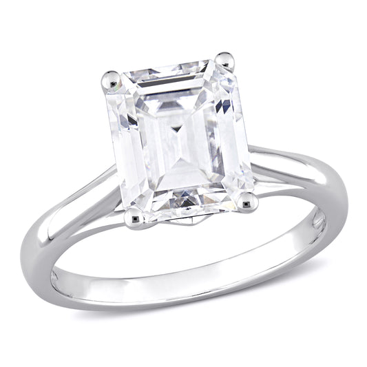 3 1/2ct Dew emerald cut created moissanite solitaire ring in 10k white gold