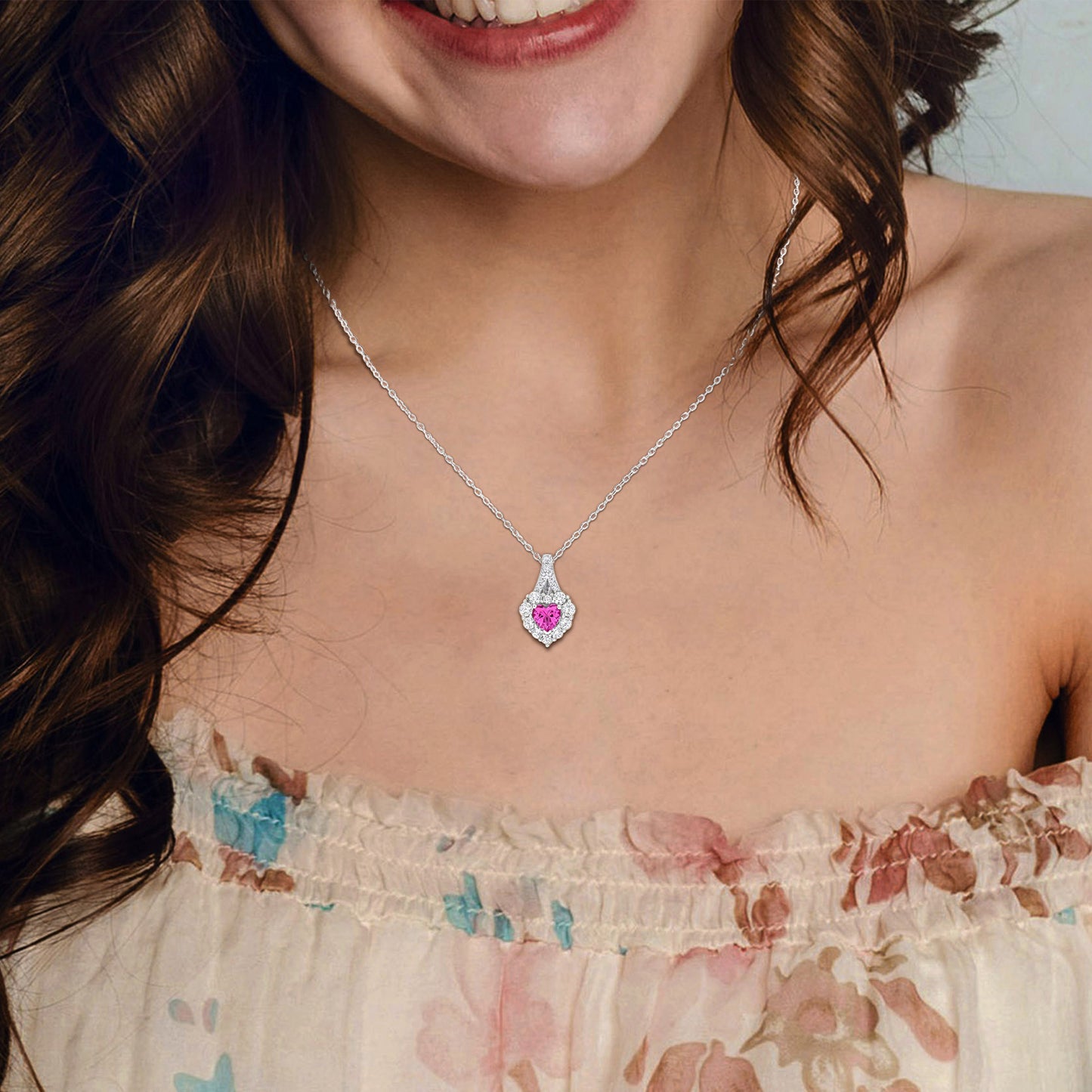 2 7/8 CT TGW Created Pink Sapphire Created White Sapphire Fashion Pendant With Chain Silver